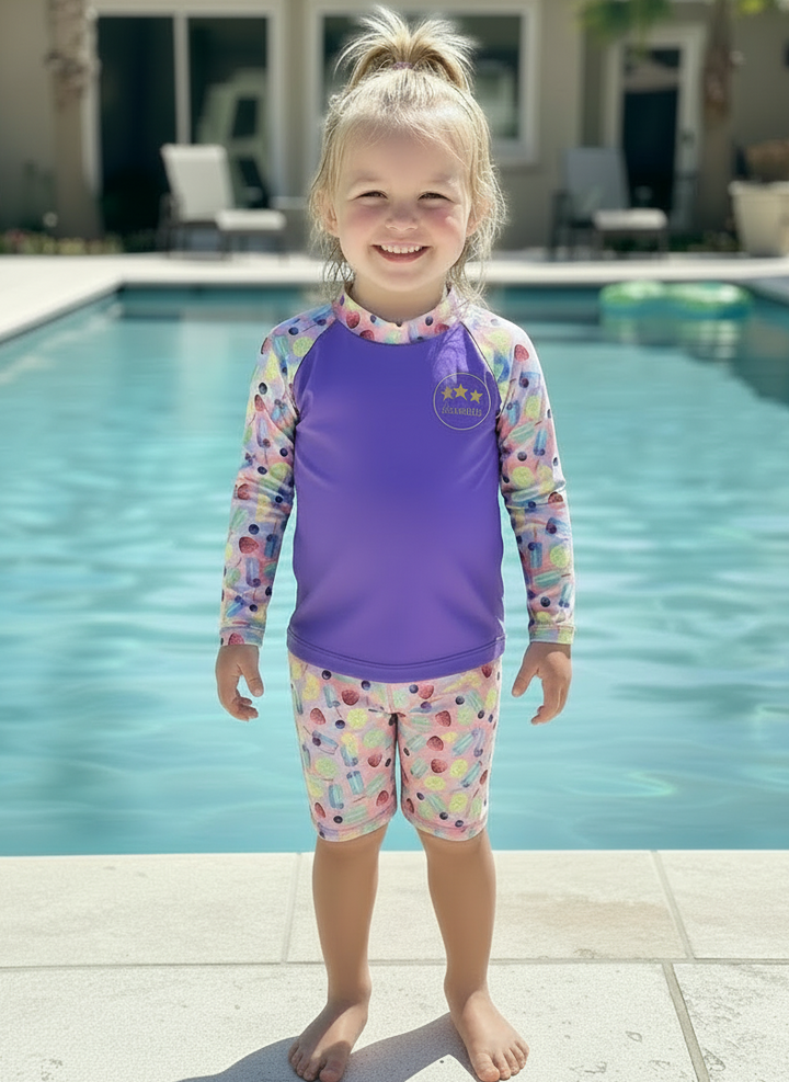 Anything is Popsicle Above-Knee Bundle - UPF50 Children’s Long-sleeve Rashie, Above-Knee Swim Shorts & matching Wet Bag