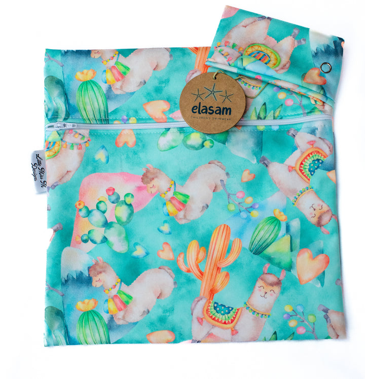 Alpaca Dreams Children's Rashie and Swim Shorts set plus FREE matching Wet Bag - teal