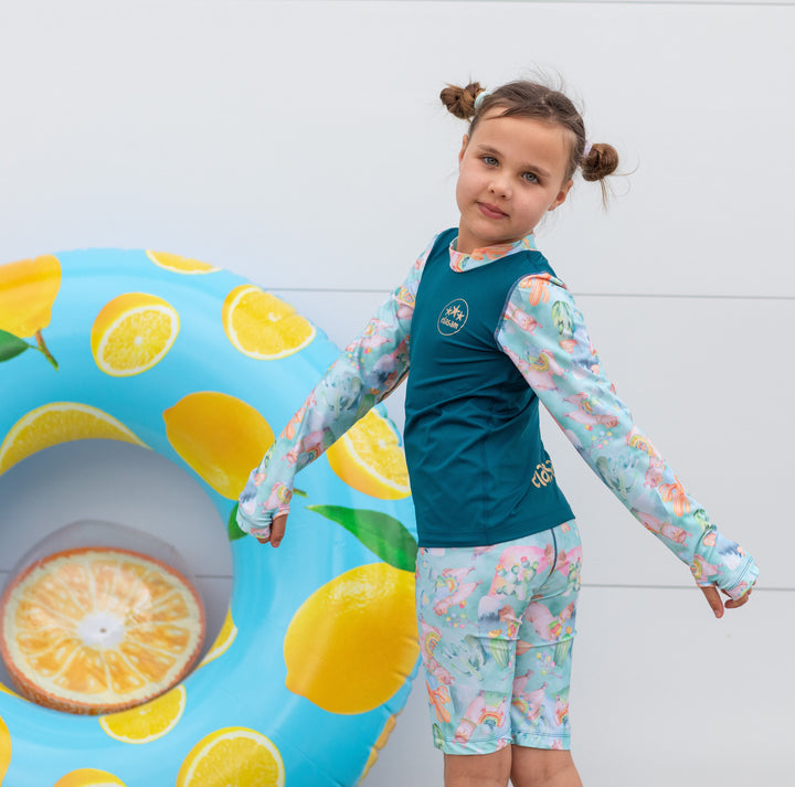 Alpaca Dreams Children's Rashie and Swim Shorts set plus FREE matching Wet Bag - teal