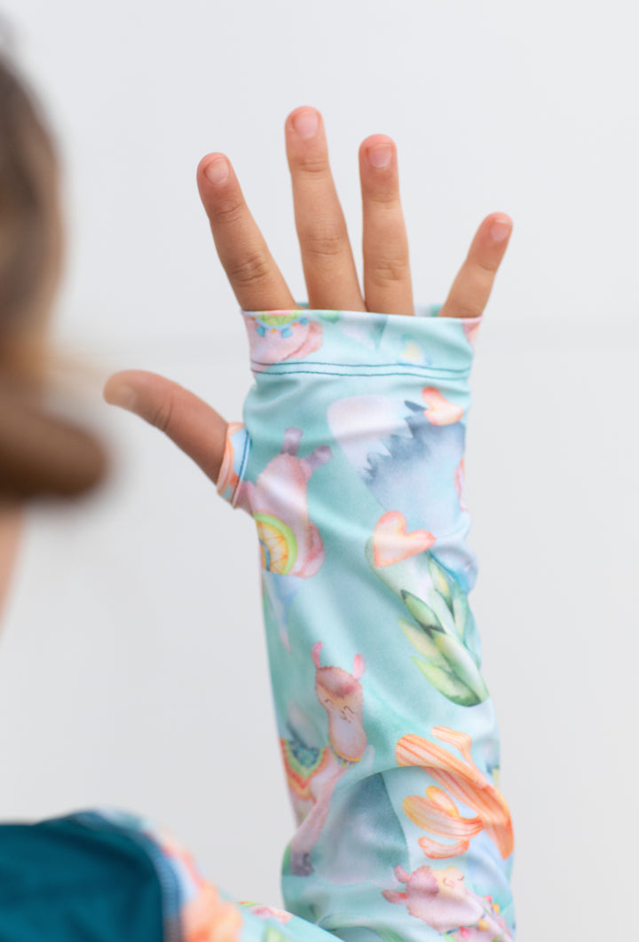 Alpaca Dreams (Teal) Above-Knee Bundle - UPF50 Children’s Long-sleeve Rashie, Above-Knee Swim Shorts & matching Wet Bag