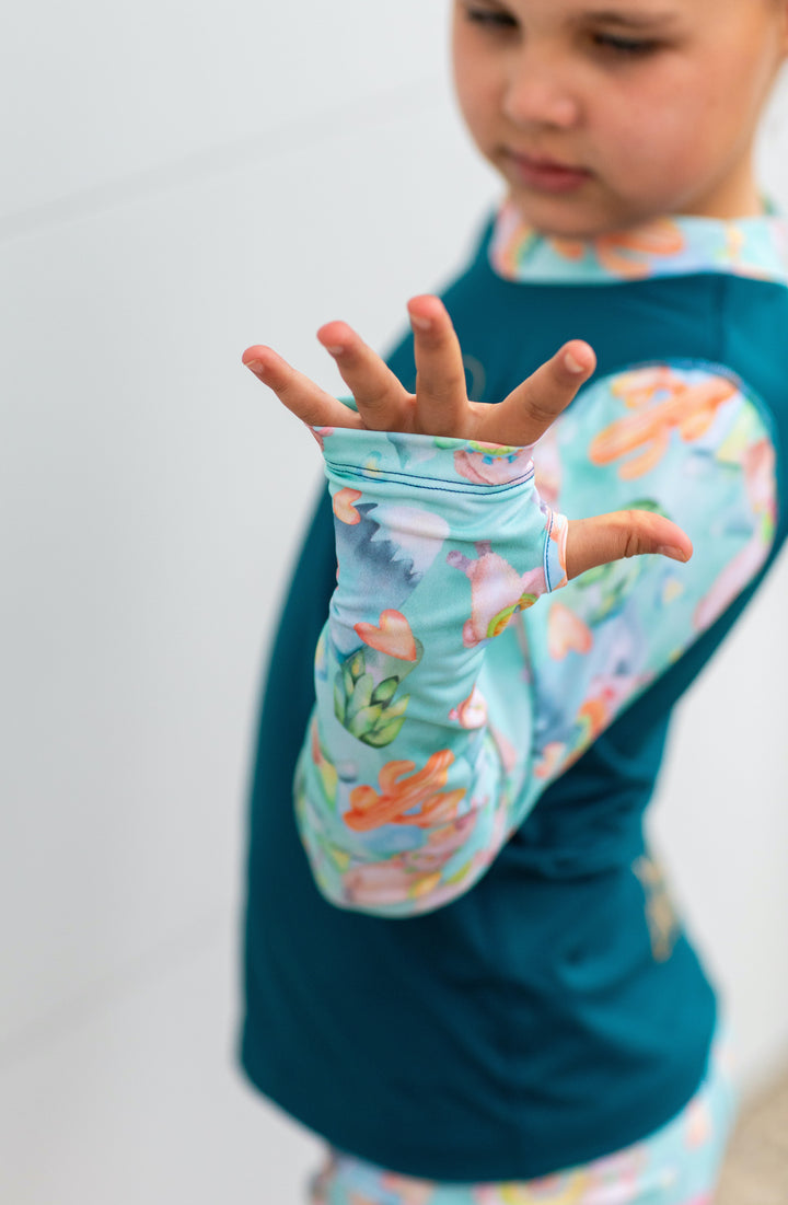 Alpaca Dreams Children's Rashie and Swim Shorts set plus FREE matching Wet Bag - teal
