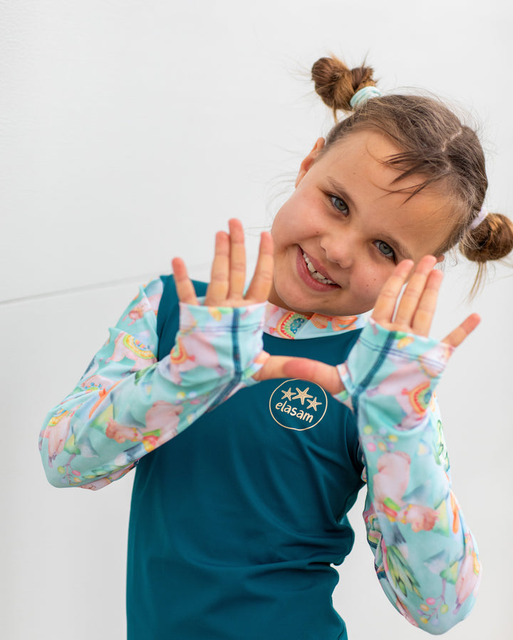 Alpaca Dreams Children's Rashie and Swim Shorts set plus FREE matching Wet Bag - teal