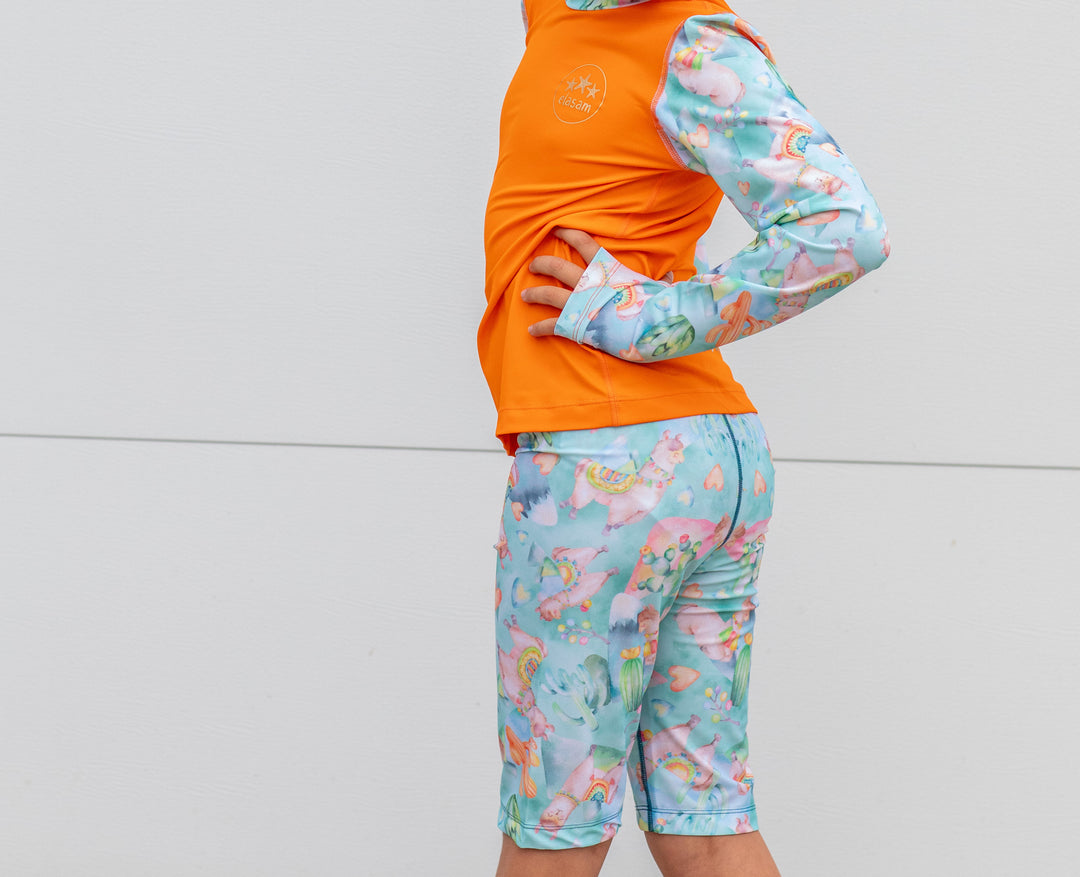 Alpaca Dreams Children's Rashie and Swim Shorts set plus FREE matching Wet Bag - orange
