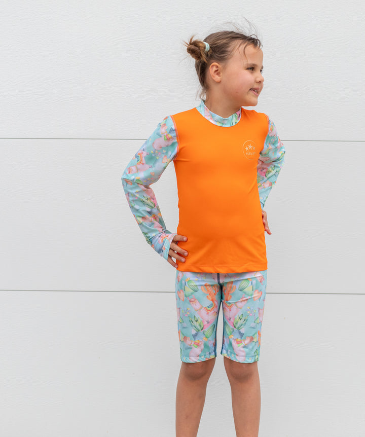 Alpaca Dreams Children's Rashie and Swim Shorts set plus FREE matching Wet Bag - orange