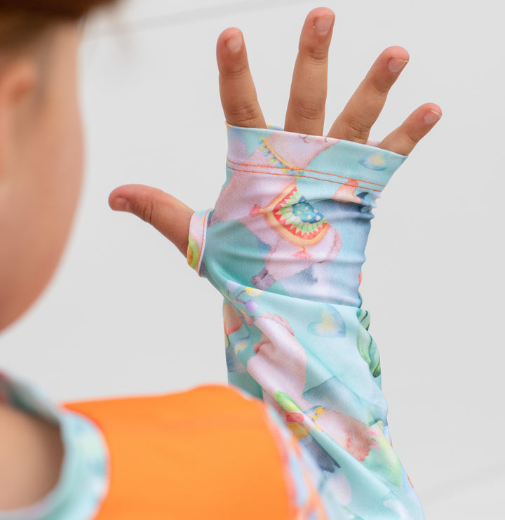 Alpaca Dreams Children's Rashie and Swim Shorts set plus FREE matching Wet Bag - orange