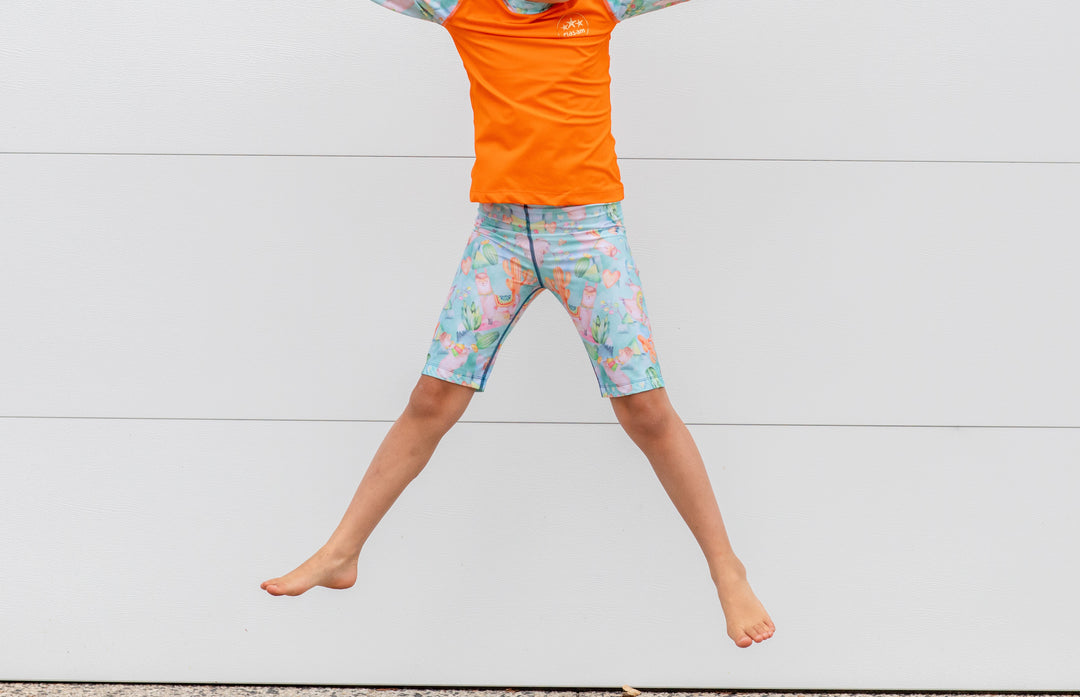 Alpaca Dreams Children's Rashie and Swim Shorts set plus FREE matching Wet Bag - orange