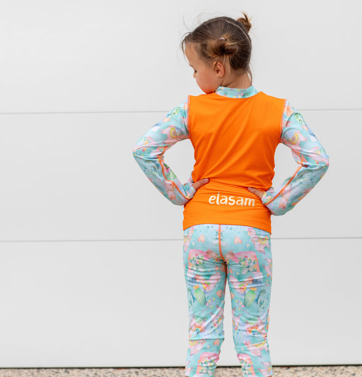 Alpaca Dreams Children's Rashie and Swim Shorts set plus FREE matching Wet Bag - orange